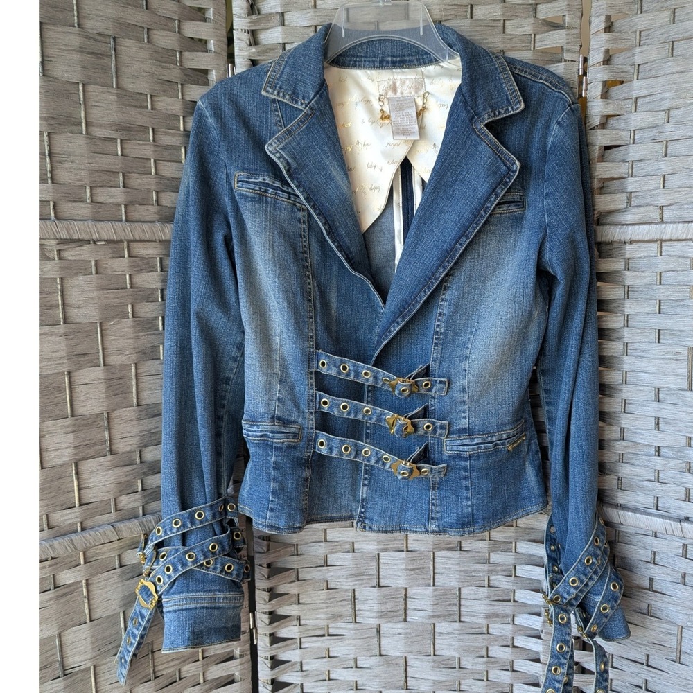 Vtg Y2K Baby Phat Blue Denim‎ Buckle Front Moto Jacket Gold Grommets Sz L
